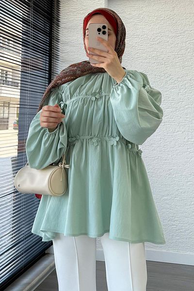 MELEK ARAZ Reglan Floral Detailed Poplin Tunic – Mint