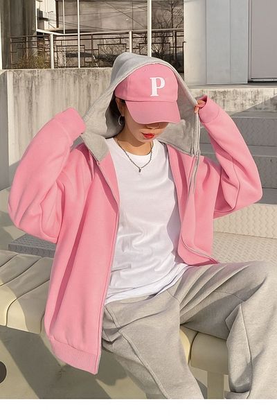 npLStore Διπλό χρώμα ροζ-γκρι κουκούλα χωρίς εκτύπωση 3 κλωστών Oversize Jacket - Ζακέτα