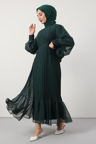 GİYZAMİLA Pleated Janjan Evening Dress Dark Green
