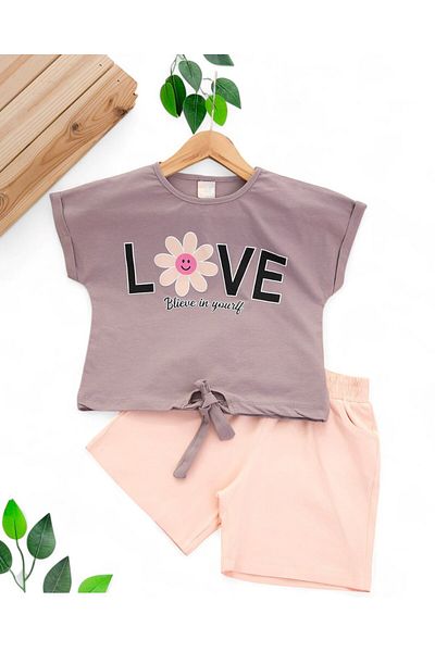 Ege Bebek Girl's Summer Love Printed 2-3-4-5-6 Years Shorts Bottom Top Set
