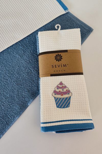 Sevim Set of 2 Embroidered Kitchen Towels - 100% Cotton Cupcake Patterned - 40X60 cm - Indigo