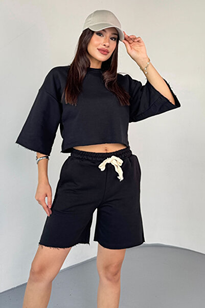 Cappmoda Tkm-03598 Black Color Dirty Stitched Cordon Crop Shorts Suit