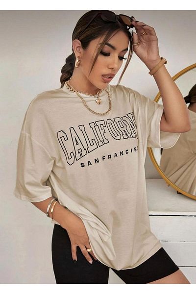 khufu Oversize βαμβακερό μπεζ χρώμα CALIFORNIA SAN FRANCISCO Μπλουζάκι unisex με στάμπα casual
