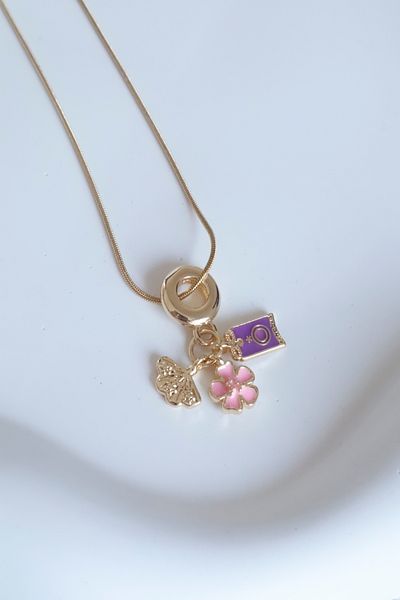 DEMOKAN Women's Steel Necklace Triple Charm Flower Fan Detail Necklace