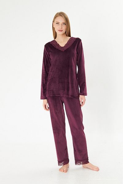 seamlife Women's Cotton Luxury Velvet Fabric Soft Texture Purple Shirt Ruched Collar Button-Down Pajamas Set