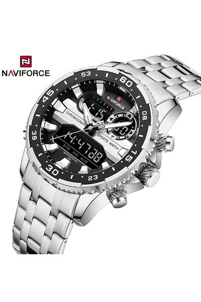 Naviforce Men's Stylish Analog-Digital Sports Watch – 44mm Dual Display, Stainless Steel, Water Resistant