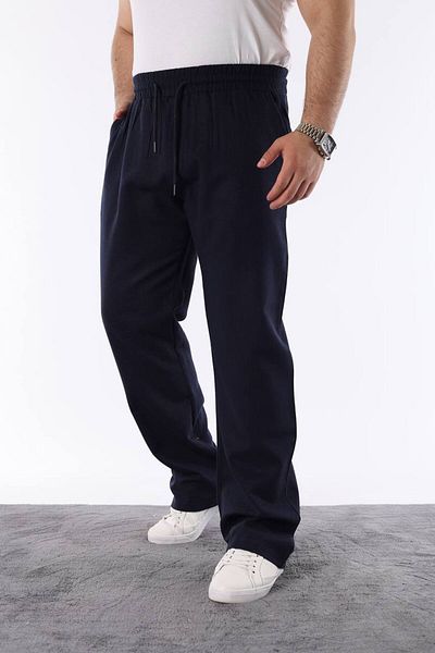 STOCX Men's Navy Blue Color Elastic Waist Relaxed Fit Linen Trousers