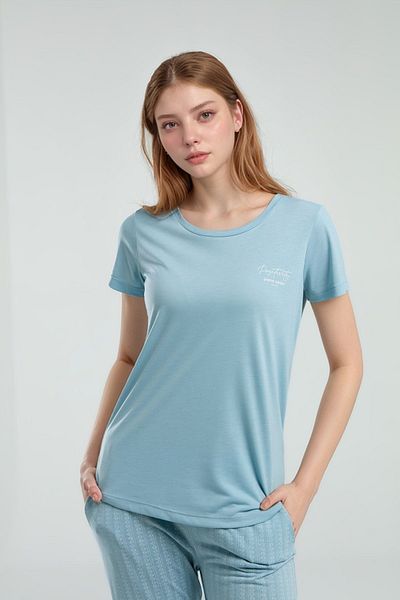 Pierre Cardin Set pijamale din viscoză albastră cu mânecă scurtă pentru femei Q9P0K0C8K