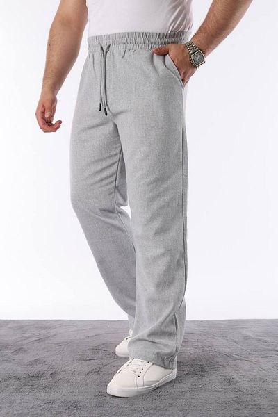 STOCX Men's Gray Color Elastic Waist Relaxed Fit Linen Trousers