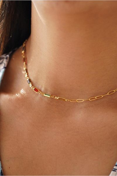 AŞIK ACCESSORIES Colorful Baguette Stone Chain Choker Necklace