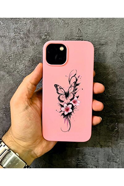 ALYACEPSTORE CASE حافظة آيفون 15 المتوافقة مع Kelebek D منقوش باللون الوردي