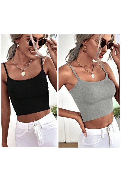 Lorya Giyim Kadın 2'li Paket İNCE ASKILI Fitilli Crop Basıc ATLET bluz
