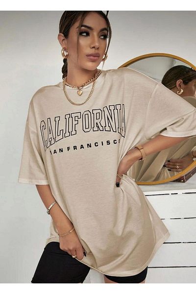 khufu Oversize βαμβακερό μπεζ χρώμα CALIFORNIA SAN FRANCISCO Μπλουζάκι unisex με στάμπα casual