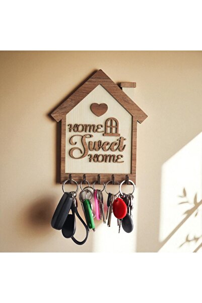 By Isla Jewelry Ahşap Anahtar Askılığı – "Home Sweet Home" Tasarımlı Duvar Ti...