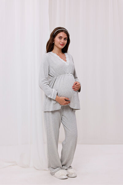 Yulem Homewear Bej Melanj Yaka Dantelli Pamuklu Lohusa Hamile Pijama Takım 2'li Set