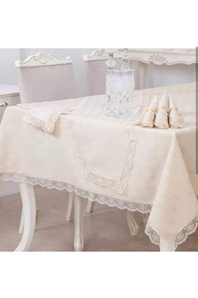 bursa çeyiz Fransız Güpürlü Kdk Kumaş Yemek Masası Takımı Krem 18 Parça Runnerlı