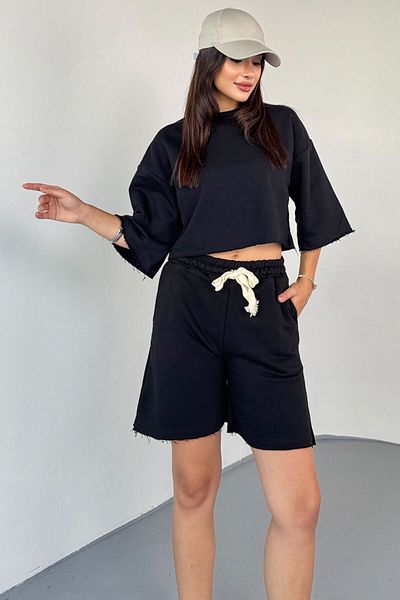 Cappmoda Tkm-03598 Black Color Dirty Stitched Cordon Crop Shorts Suit