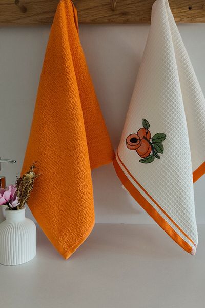 Sevim Set of 2 Embroidered Kitchen Towels - 100% Cotton Apricot Patterned - 40X60 cm - Orange