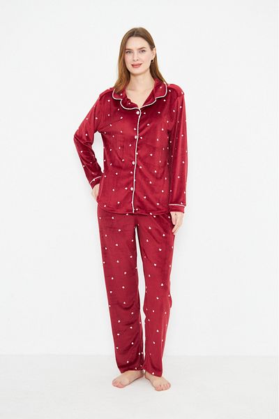 seamlife Women's Cotton Luxury Velvet Burgundy Heart Shirt Collar Buttoned White Piping Pajama Set
