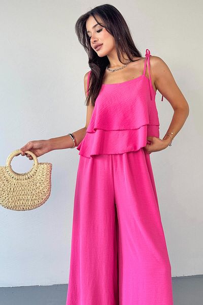 Cappmoda Tkm-13323 Pink Adjustable Strap Flowing Blouse & Waist Elastic Casual Pants Koton Double Set