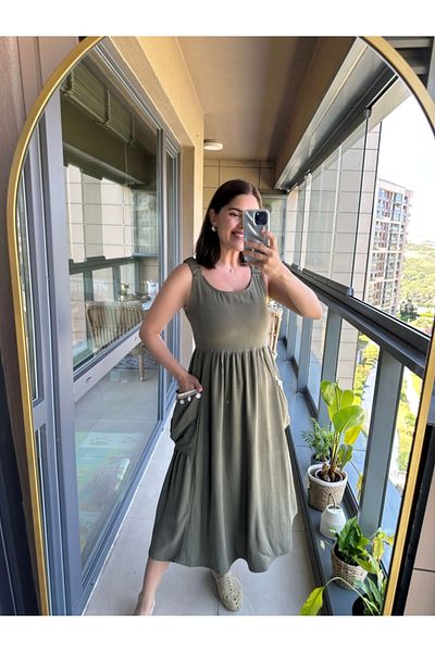 Elif Özbey Butik Khaki Linen Dress with Seashell Detail