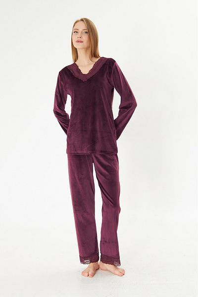 seamlife Women's Cotton Luxury Velvet Fabric Soft Texture Purple Shirt Ruched Collar Button-Down Pajamas Set