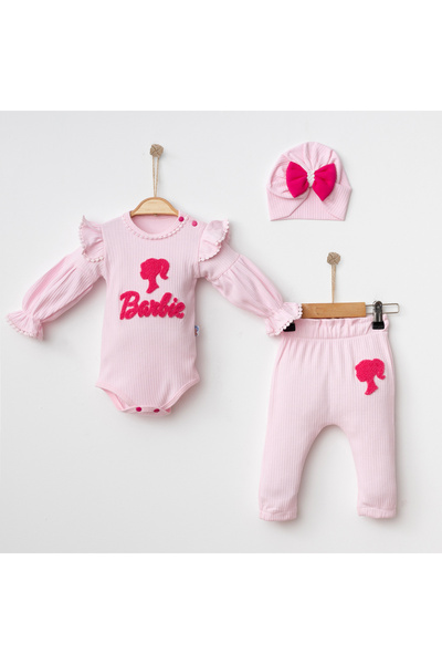 Barbie Nakışlı %100 Pamuk Kız Bebek Şapkalı Alt Üst 3'Lü Takım