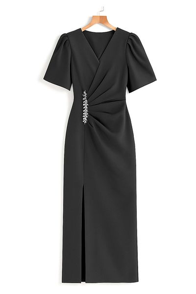 Little Visqon Rochie de damă cu mâneci scurte, guler dublu, talie, accesorii florale, cu fantă, rochie creponată importată