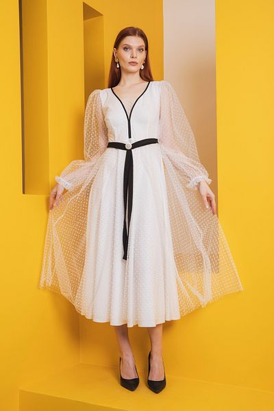 Stylish White polka dot tulle midi dress with crystal embellished belt