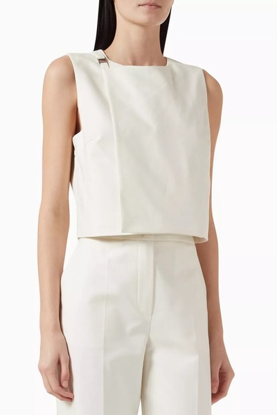 12storeez Cotton Crop Top, Layered Design, Buckle Detailed Summer Chic, Cream