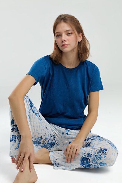 Pierre Cardin Women's Short Sleeve Wide Collar Navy Blue Viscose Pajamas Set Q9P0K7C9K