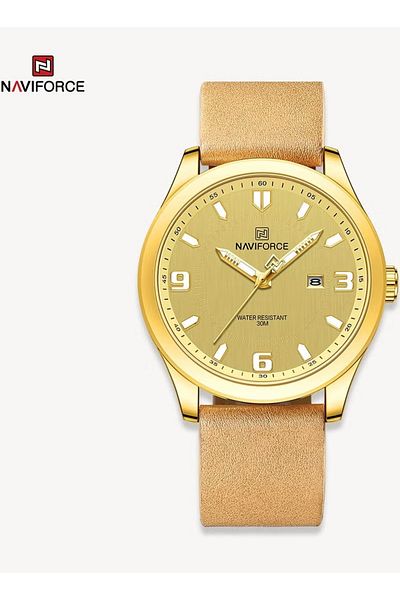 Naviforce Gold Dial Leather Strap Mens Watch Waterproof Quartz Analog Wristwatch with Date Display Stylish