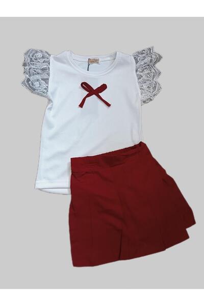 Kamex Dantel Kol Detaylı T-shirt Şort Etek Kız Çocuk Takım Kırmızı
