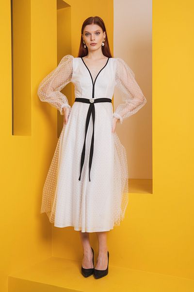 Stylish White polka dot tulle midi dress with crystal embellished belt
