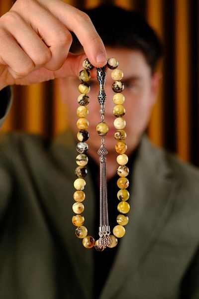 dergah tesbih Silver Poor Master Handcrafted Nakkaş İmame Design Antique Fossilized Drop Amber Prayer Beads (Amber), (مسبح