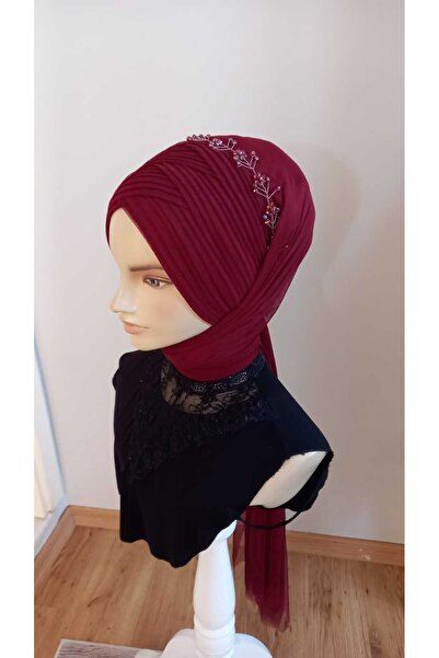 BERKE TUHAFIYE AKSESUAR Burgundy Scarf Type Shawl Model Ready Veil Ready Shaw...
