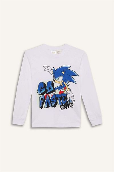 DeFacto Пижамен комплект за момчета, Sonic The Hedgehog, тениска с дълъг ръкав и кръгло деколте, дълги долнища