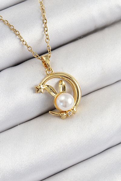 Clariss 316L Steel Pearl Detailed Crescent Rabbit Model Gold Color Women's Necklace