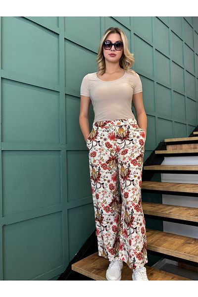 AYHAN Women's Floral Patterned Pocket Wide Leg Trousers
