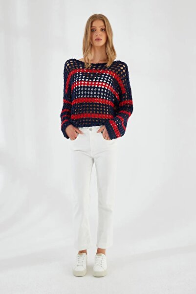 Mixray 6877 Women's Striped Openwork Boat Neck Knitwear Sweater Navy Blue