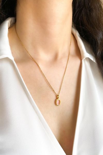 DEMOKAN Women's Steel Necklace Flat Chain Water Stone Model Ellipse Necklace