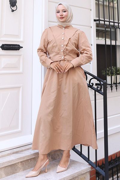 hafsamina Buttoned Jacket Pocket Waist Tie Gilet Dress Camel Hm2785
