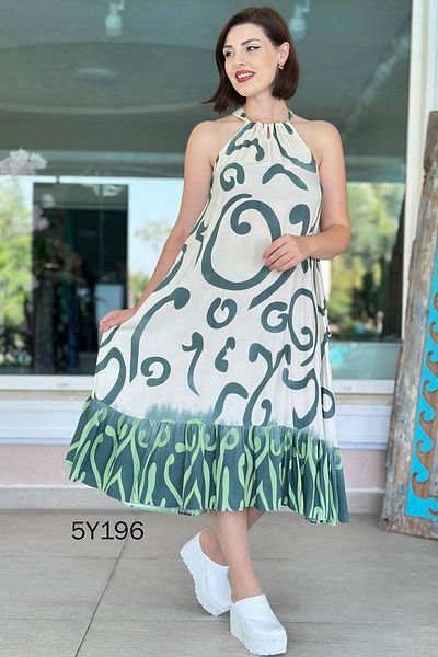 İnce Topuk Halter Neck Patterned Viscose Dress 5Y196