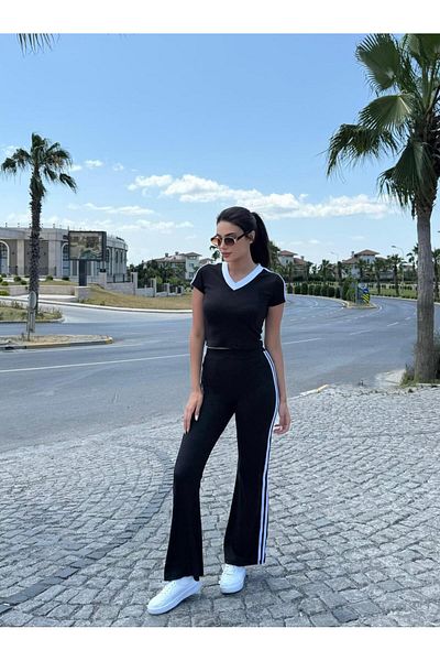 LE CARAMBOLE Women's Black Short Sleeve V Neck T-Shirt Stripe Detail Pants Bottom-Top Set