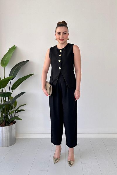 MaziButik Metal Button Vest Suit Black