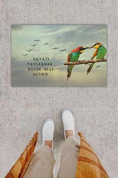 Mu Art Ahşap Digital Printing Decorative Tropical Bird Gray Door Mat K-1222