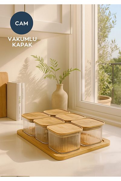 HOMİNG Homing Vacuum Bamboo Lid Glass Breakfast Set of 6