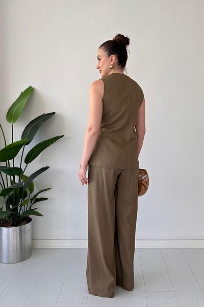 MaziButik Σετ λινό γιλέκο πόρπης καφέ