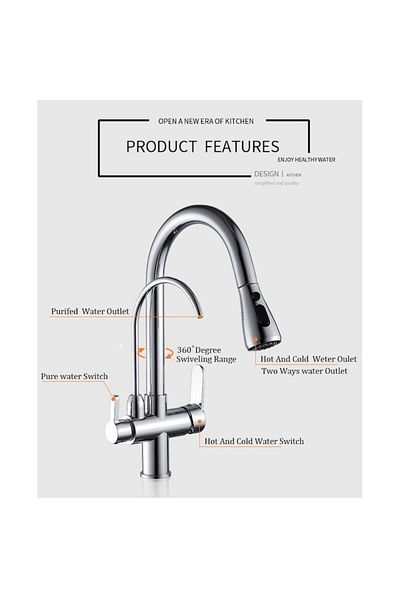 OEM Baterie de bucătărie cu 3 căi, ieșire pentru filtru de apă purificată, alamă, crom