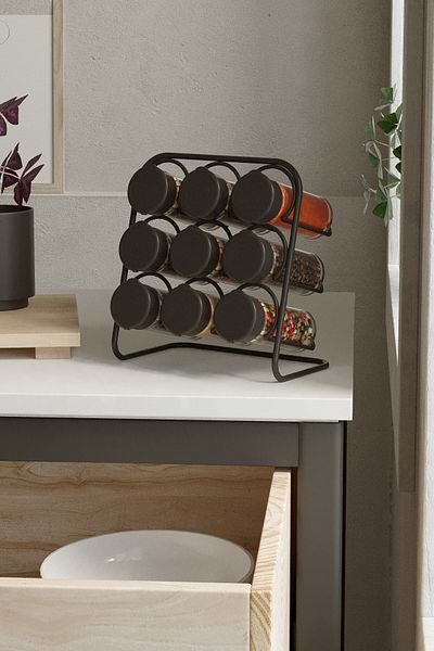Tekno-tel Teknotel Metal 9-Piece Spice Stand 9 Pieces Glass Spice Salt Shaker Mat Black Mg025